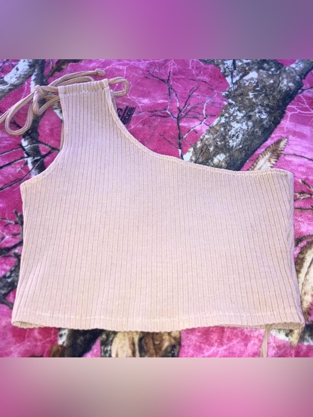 Ribbed One-Shoulder Crop Tank Top — Nude